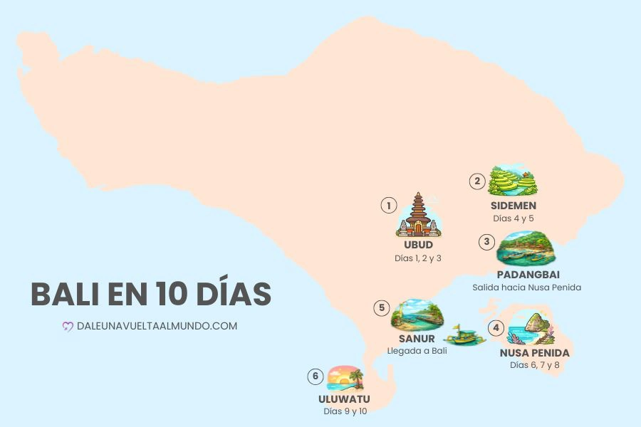 Mapa de la ruta por Bali en 10 días con el itinerario entre Ubud, Sidemen, Padangbai, Nusa Penida y Uluwatu