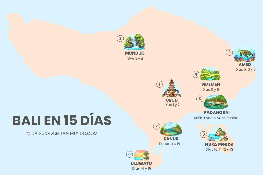 mapa de una ruta por Bali en 15 días con paradas en Ubud Munduk Amed Sidemen Nusa Penida y Uluwatu