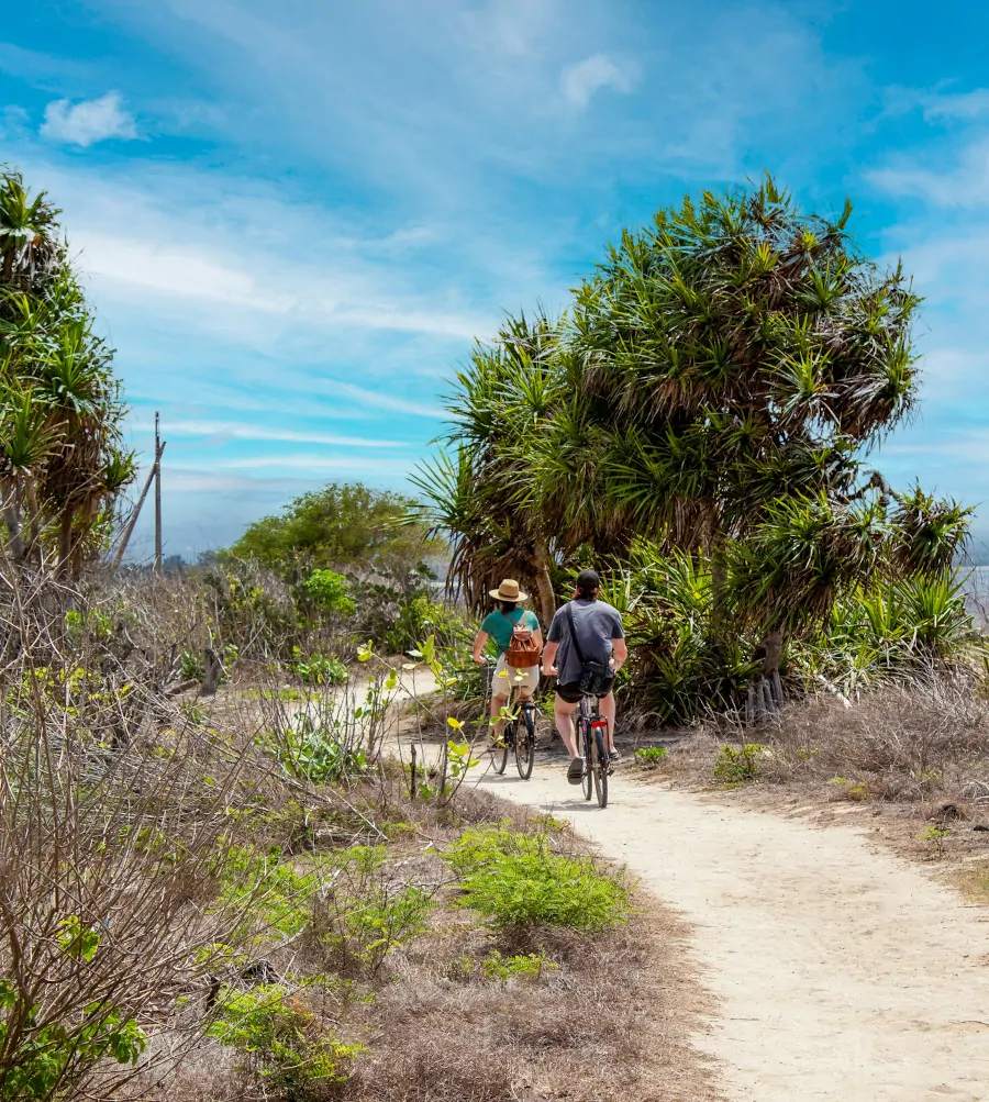 Camino de arena en Gili Meno con personas en bicicleta recorriendo la isla